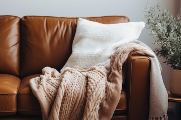 Modern living room with a brown eco leather couch soft cushions and a knitted white blanket near the