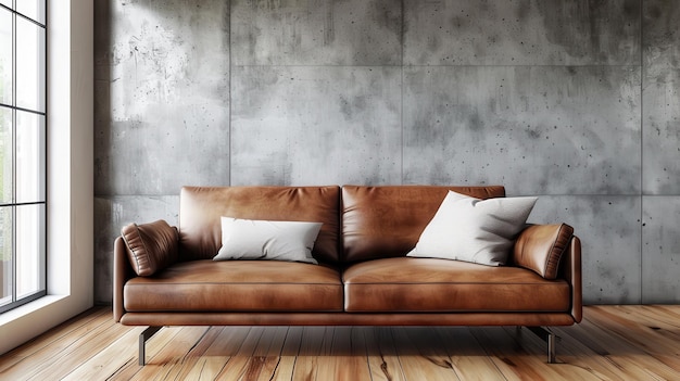 Photo modern living room with a brown leather sofa concrete wall wooden floor and large window providing natural light