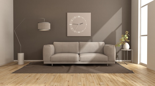 Modern living room with brown wall and beige sofa on carpet and floor lamp