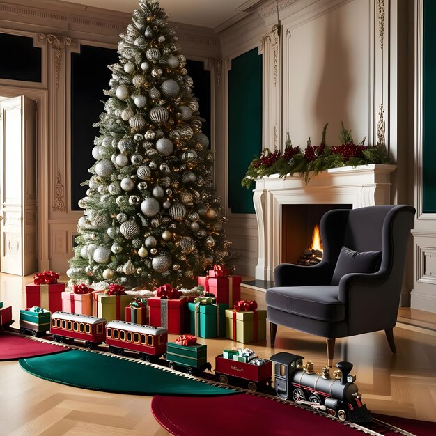 Modern Living Room With Christmas Tree Miniature Train Gift Boxes Fireplace And Armchair