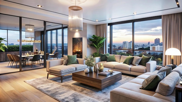 Modern living room with city view and stylish furniture