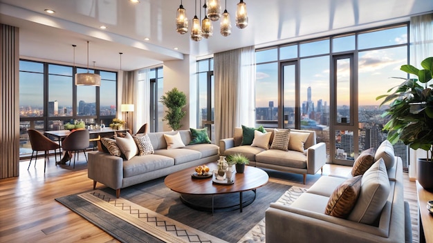 Modern living room with city view and wooden floors