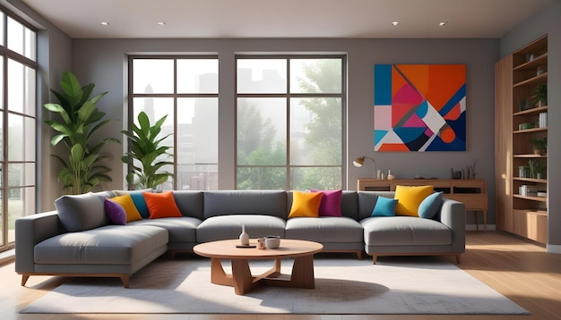 Modern living room with colorful paintings