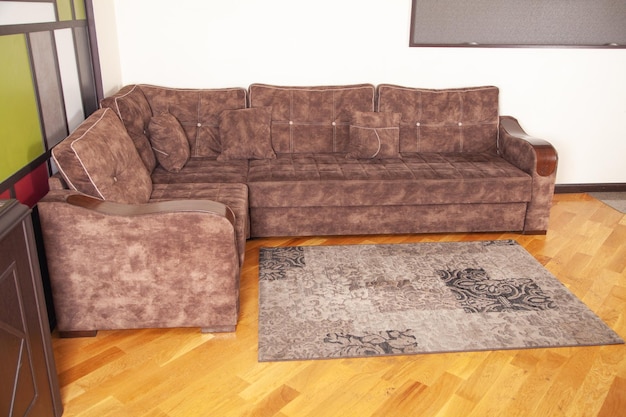 Modern living room with comfortable brown sofa