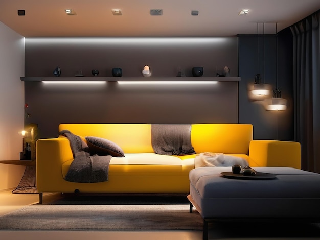 Modern living room with comfortable sofa illuminated by electric lamp