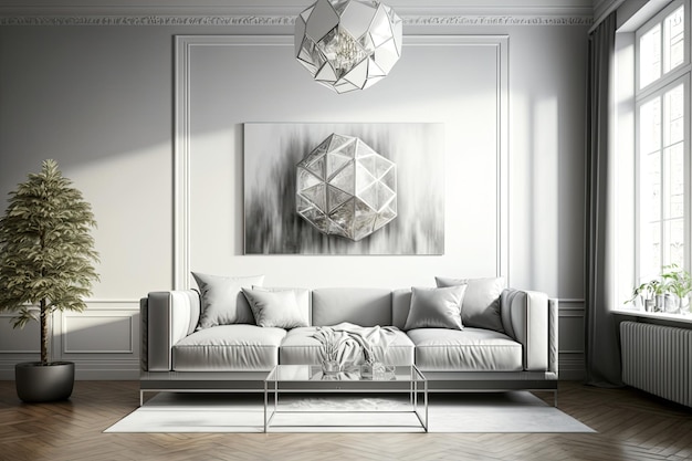 Modern living room with confortable light silver sofa Interior design Generative AI