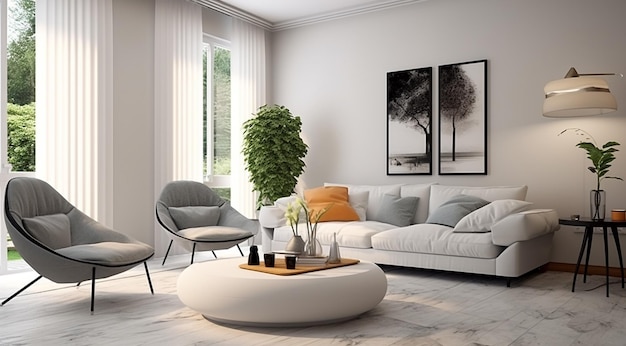 modern living room with crystal sofa with white curtains and decorative plant generativa IA