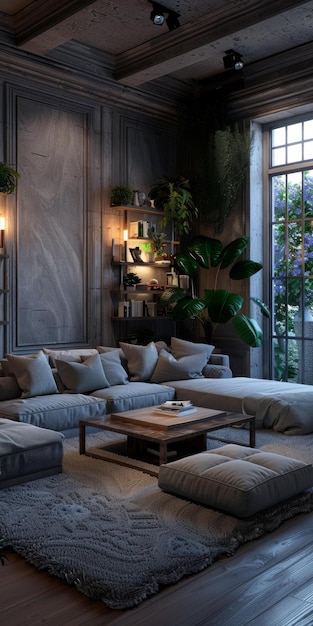 Modern Living Room with Dim Lighting and Plants