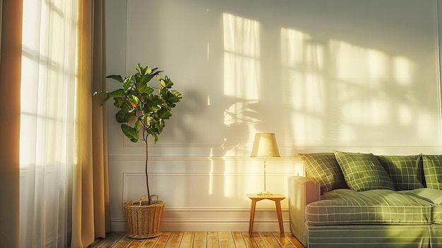 Modern Living Room with Elegant Sofa Green Plant Accents and Minimalist Design Offering a Stylish and Inviting Home Environment