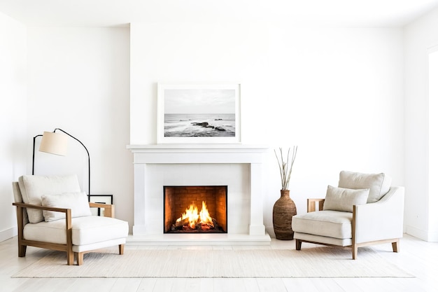 Photo modern living room with fireplace and coastal decor