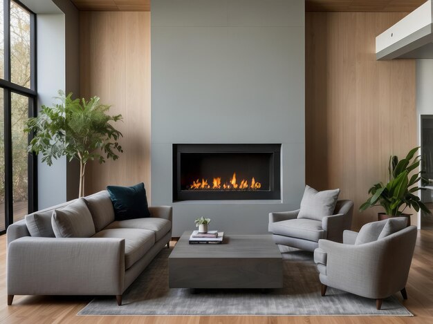 Photo modern living room with a fireplace and grey furniture