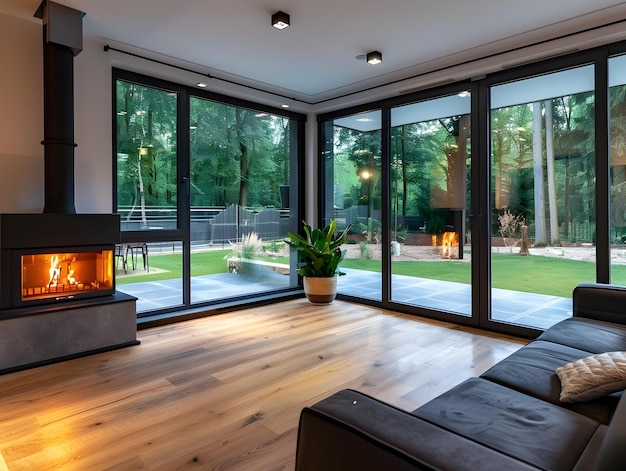 Photo modern living room with fireplace and large windows photo