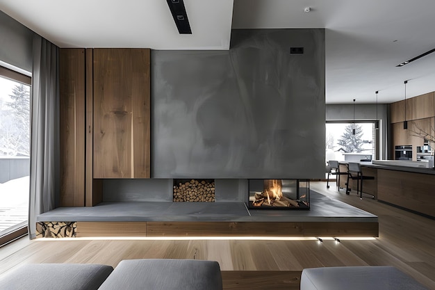 Modern living room with fireplace and mountain view