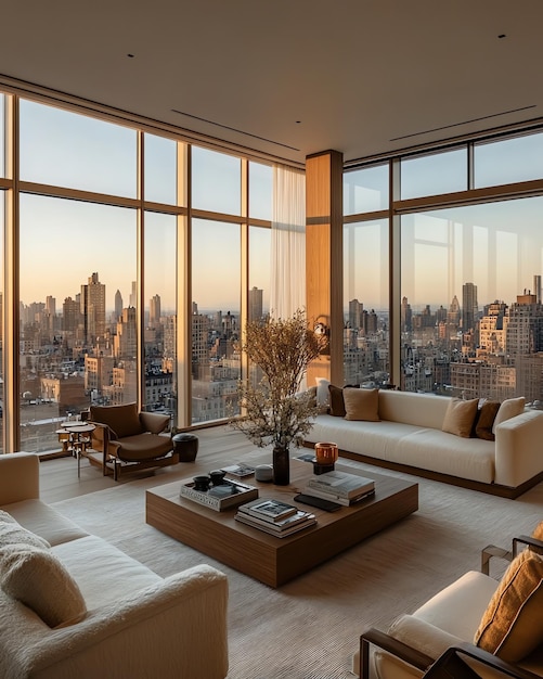 Modern living room with floor to ceiling windows overlooking the city skyline at sunset