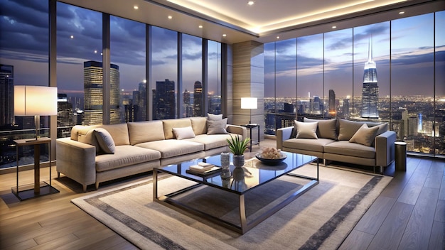 Photo a modern living room with floor to ceiling windows showcasing a stunning cityscape at night