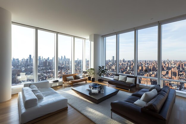 Modern living room with floortoceiling windows offering breathtaking cityscape views