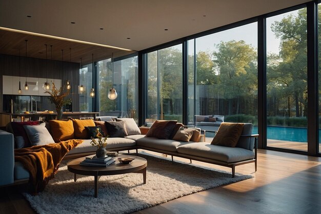 Modern living room with floortoceiling windows