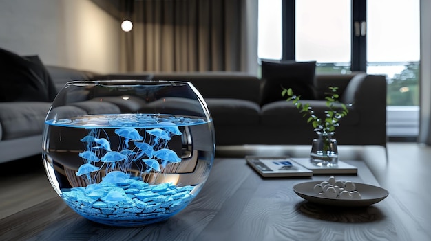 Photo modern living room with a futuristic blue jellyfish aquarium on wooden coffee table