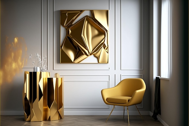 A modern living room with a gold sculpture on the wall