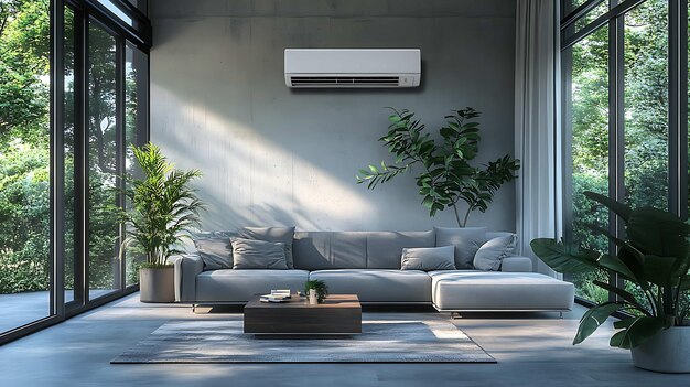 Photo modern living room with gray sectional patio view and white air conditioner