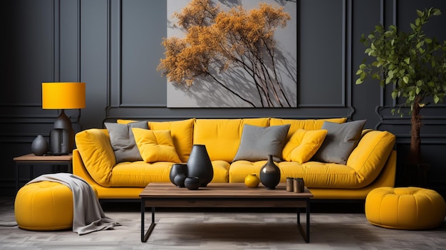 Modern living room with a gray sofa and pops of yellow in the pillows