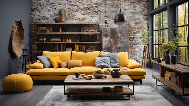 Modern living room with a gray sofa and pops of yellow in the pillows