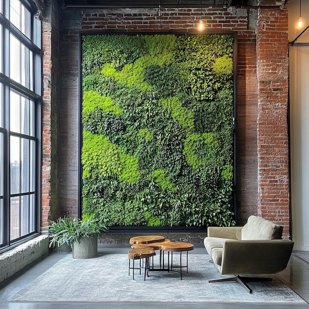 Photo modern living room with green wall and brick accent wall