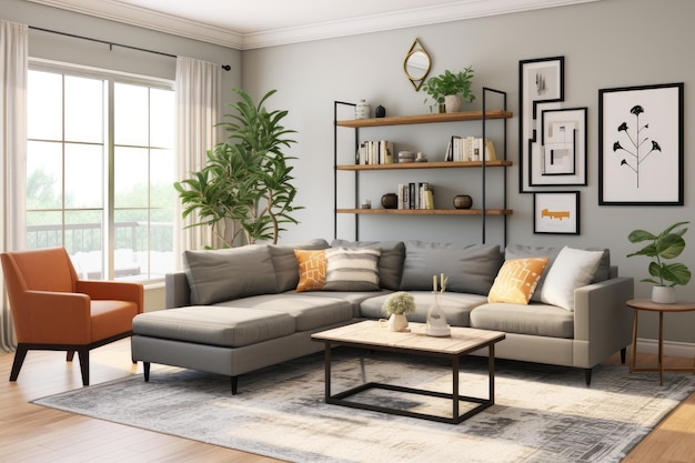 Modern living room with a grey sectional sofa decorated with orange and yellow cushions a wooden shelving unit with books and plants and a small wooden coffee table