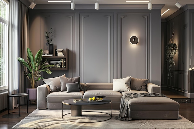 A modern living room with grey sectional sofa elegant coffee table stylish decor soft grey walls and decorative molding Generative AI