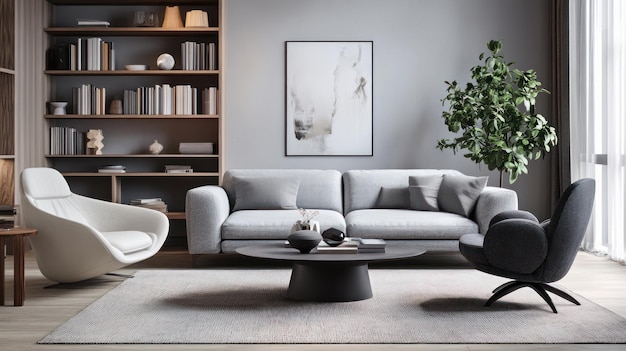 Photo modern living room with grey sofa white chair and coffee table