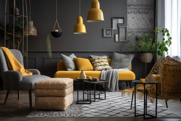 Modern living room with grey walls and pops of yellow decor Generative AI