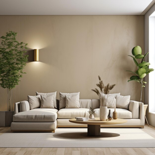 A modern living room with a large cream sectional sofa two plants a coffee table and a gray rug on the floor