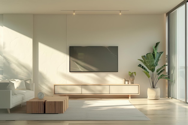 A modern living room with a large flat screen TV wooden furniture and a plant