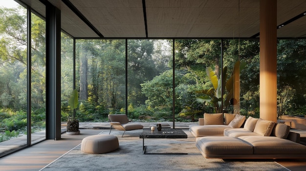 Modern living room with large glass walls overlooking a lush garden and forest