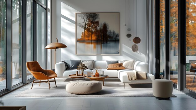 Modern living room with large paintings nordic style decoration There is minimalist style furniture