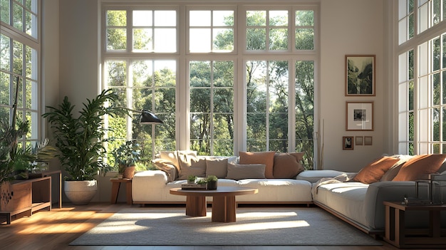 A modern living room with a large sectional sofa a coffee table and a potted plant The windows overlook a lush green forest