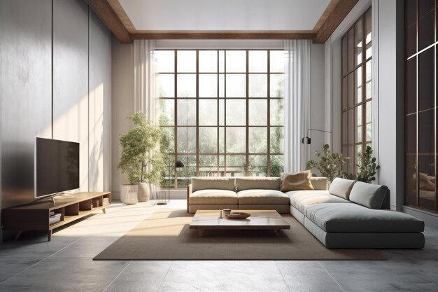 Modern living room with large window and comfortable sofa Generative AI