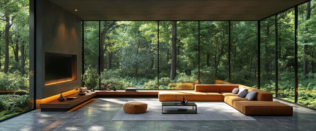 Photo modern living room with large windows and forest view