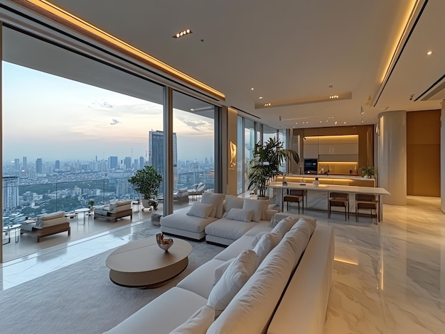 Modern living room with large windows overlooking a city skyline at sunset featuring a white sectional sofa a round coffee table and a modern kitchen in the background