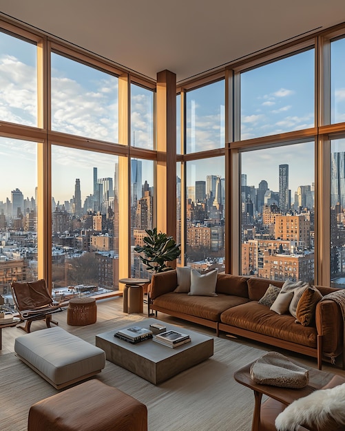 Modern living room with large windows overlooking cityscape