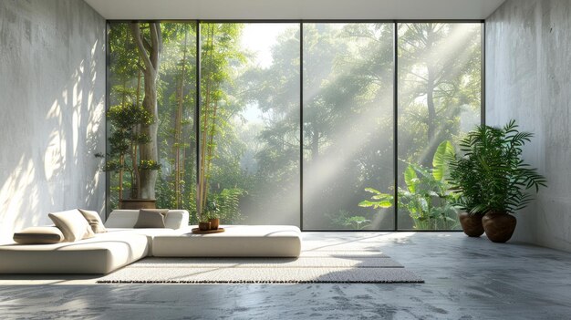 Photo modern living room with large windows showcasing a lush forest view minimalist furniture