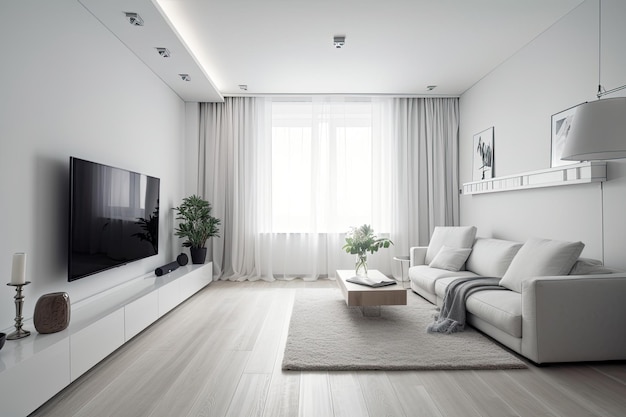 Modern living room with a minimalist white sofa and a large flatscreen TV Generative AI