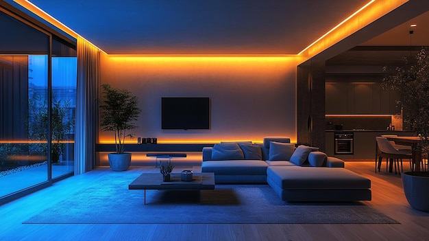 Modern living room with orange and blue ambient lighting large windows and minimalistic furniture