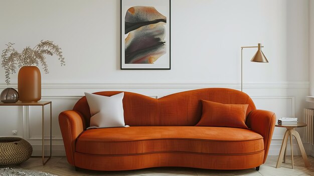 Photo modern living room with orange sofa and abstract art