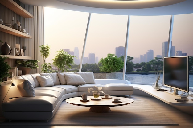 Modern living room with panoramic window and city view 3D Rendering