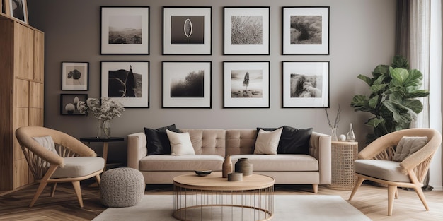 A modern living room with a picture frame on the wall Generative AI