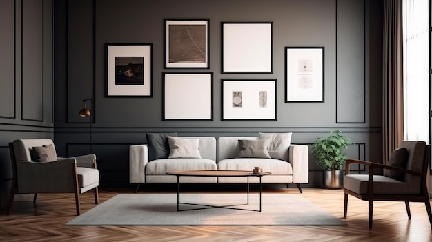 A modern living room with a picture frame on the wall Generative AI