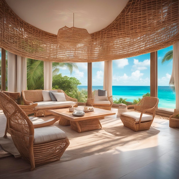 modern living room with rattan wicker furniture in a villa by the sea