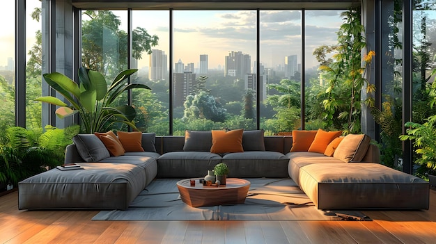 Modern Living Room with Sectional Sofa and City View 3D Illustration