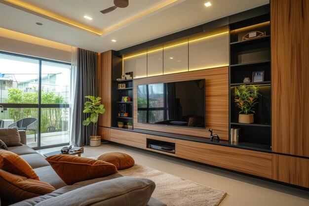 Modern Living Room with a Sleek Minimalist Entertainment Unit and Concealed Storage for an Organized Elegant Space